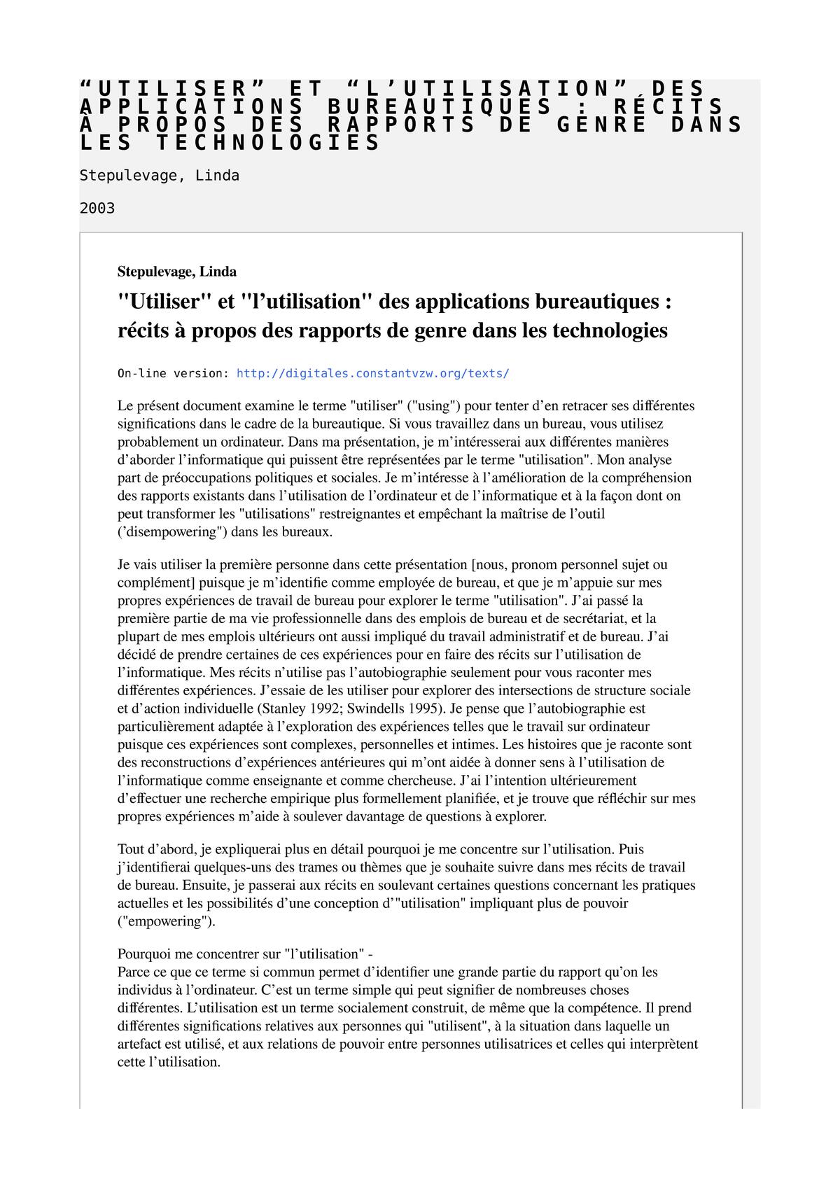 "Utiliser" et "l’utilisation" des applications bureautiques : récits à propos des rapports de genre dans les technologies