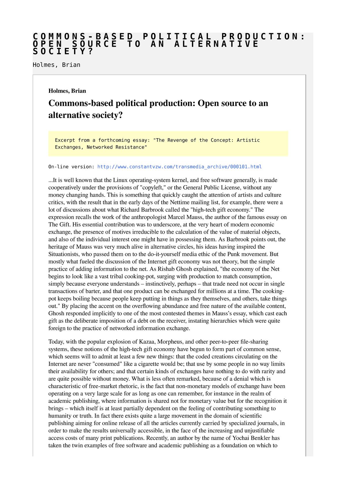 Commons-based political production: Open source to an alternative society?