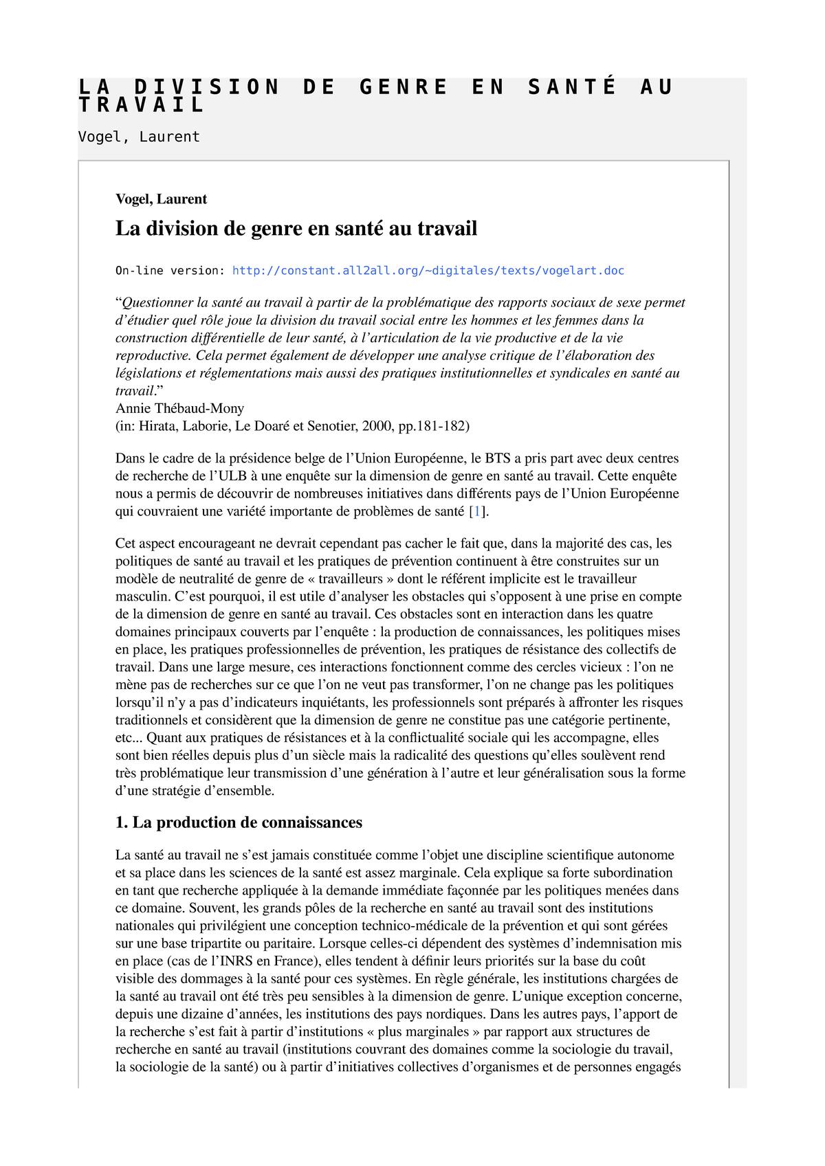 La division de genre en santé au travail