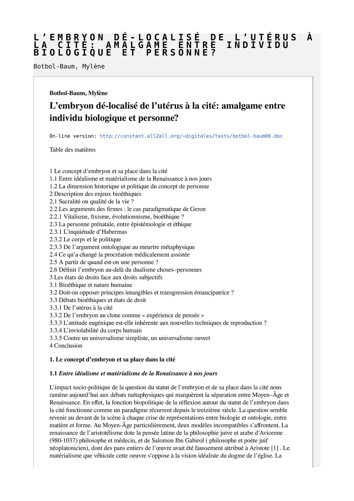 L’embryon dé-localisé de l’utérus à la cité: amalgame entre individu biologique et personne?