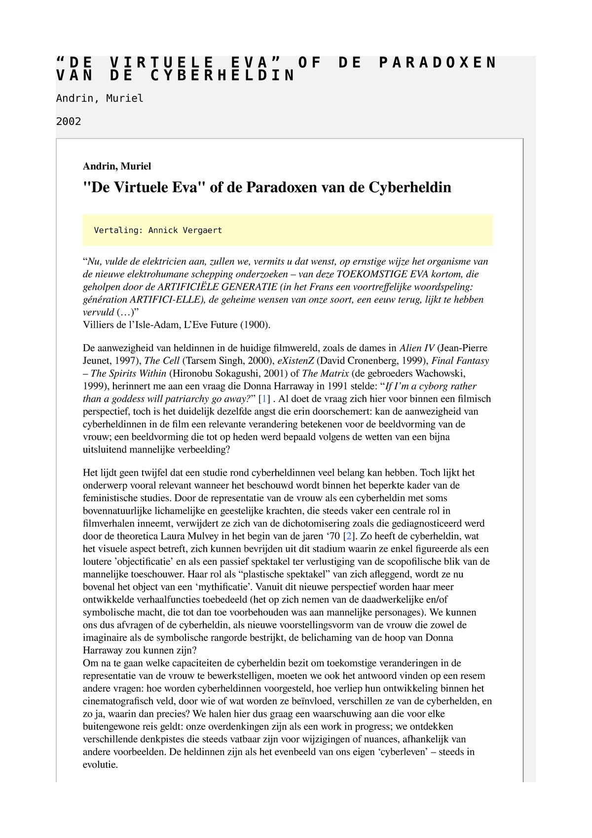 "De Virtuele Eva" of de Paradoxen van de Cyberheldin