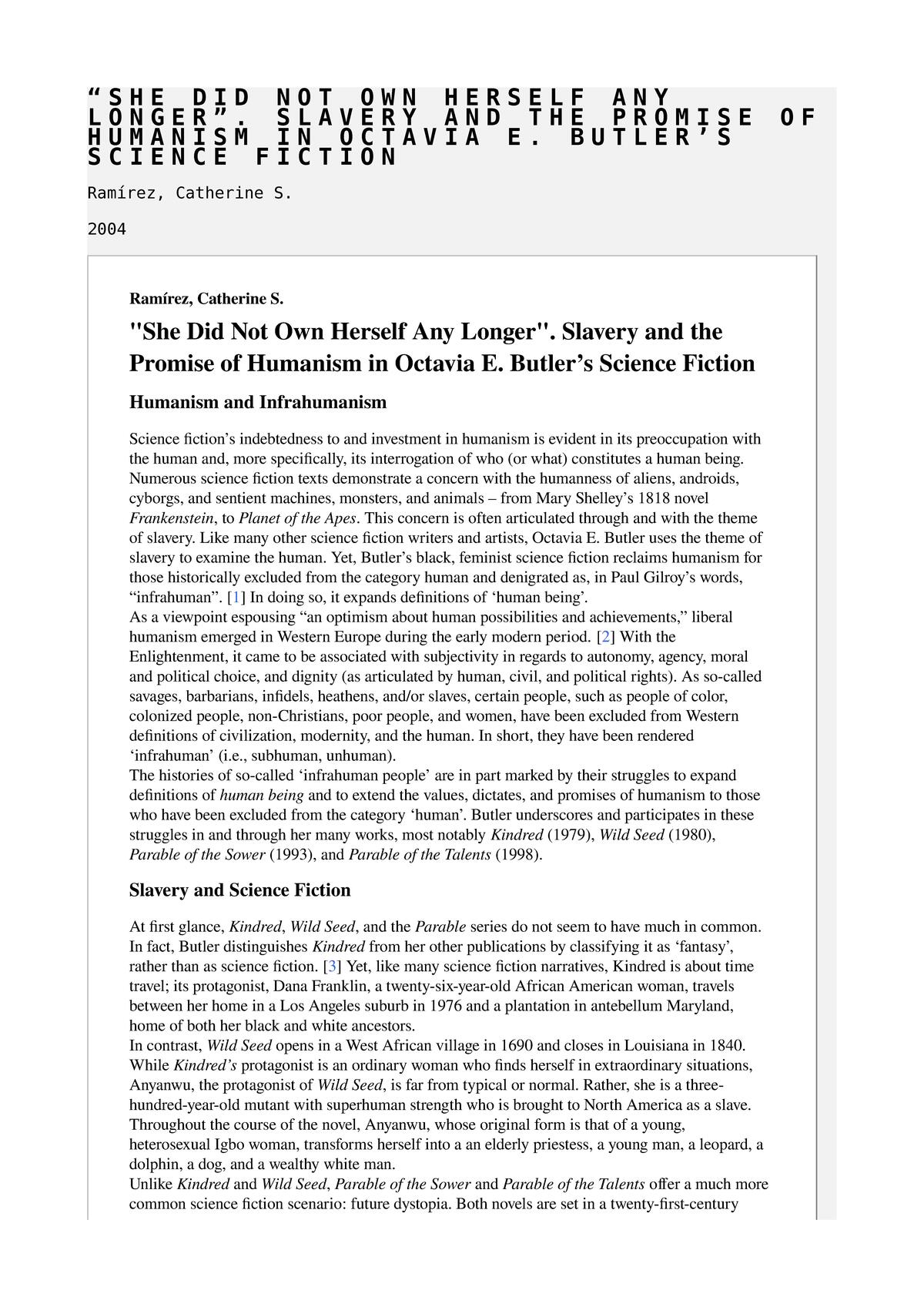 "She Did Not Own Herself Any Longer". Slavery and the Promise of Humanism in Octavia E. Butler’s Science Fiction