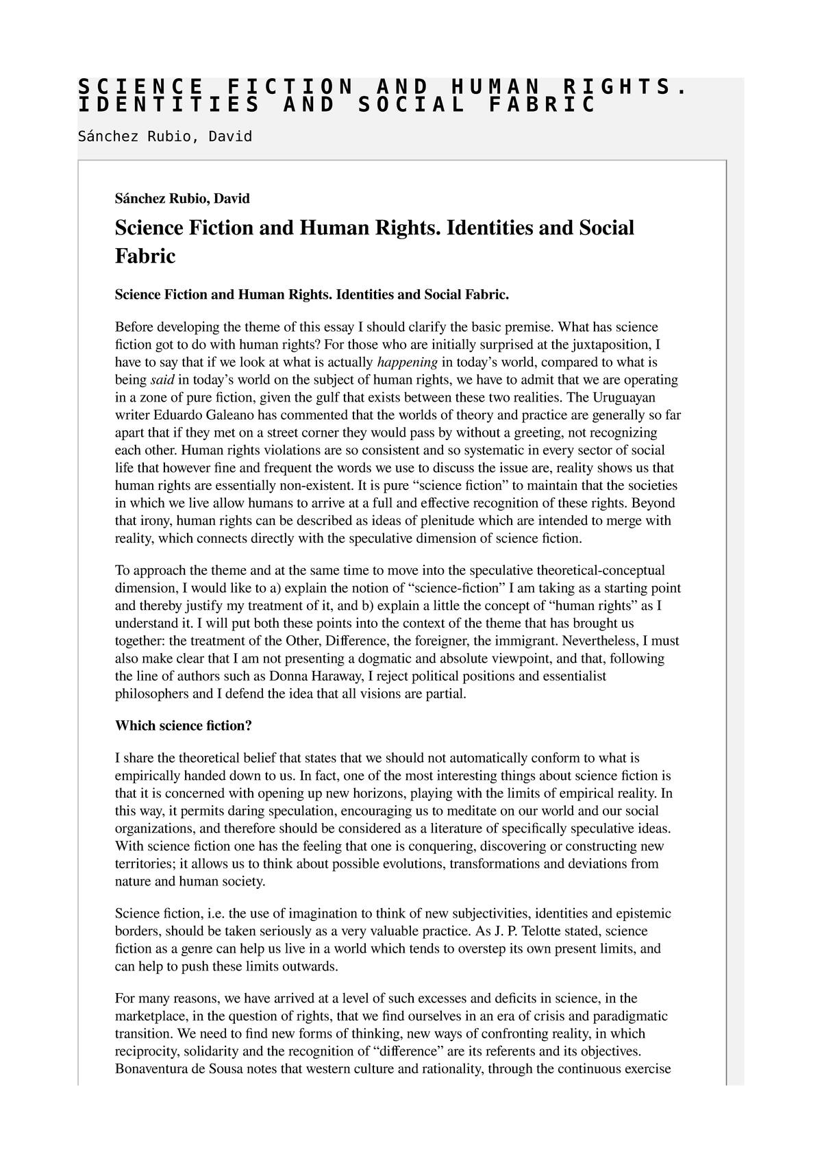 Science Fiction and Human Rights. Identities and Social Fabric