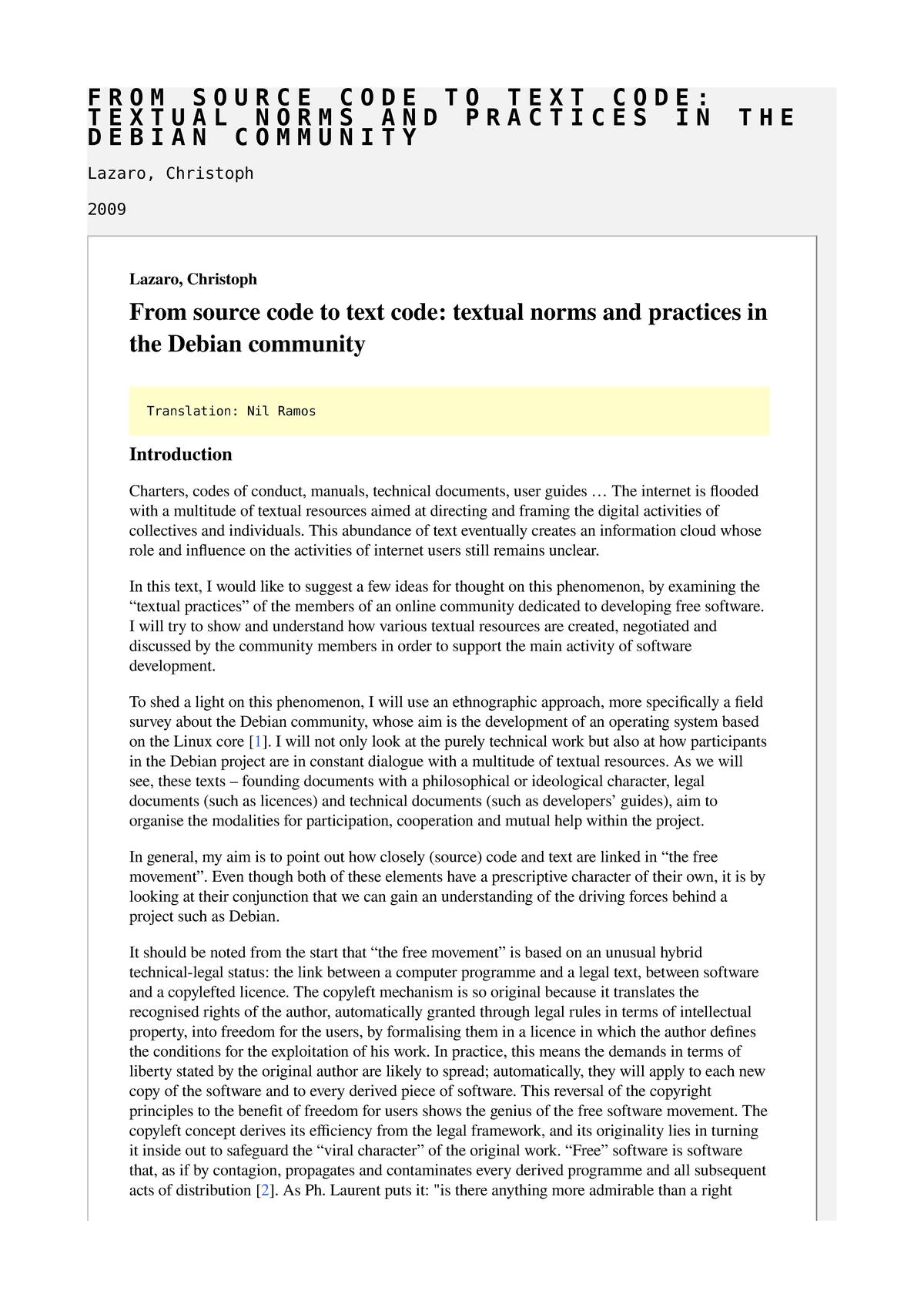 From source code to text code: textual norms and practices in the Debian community